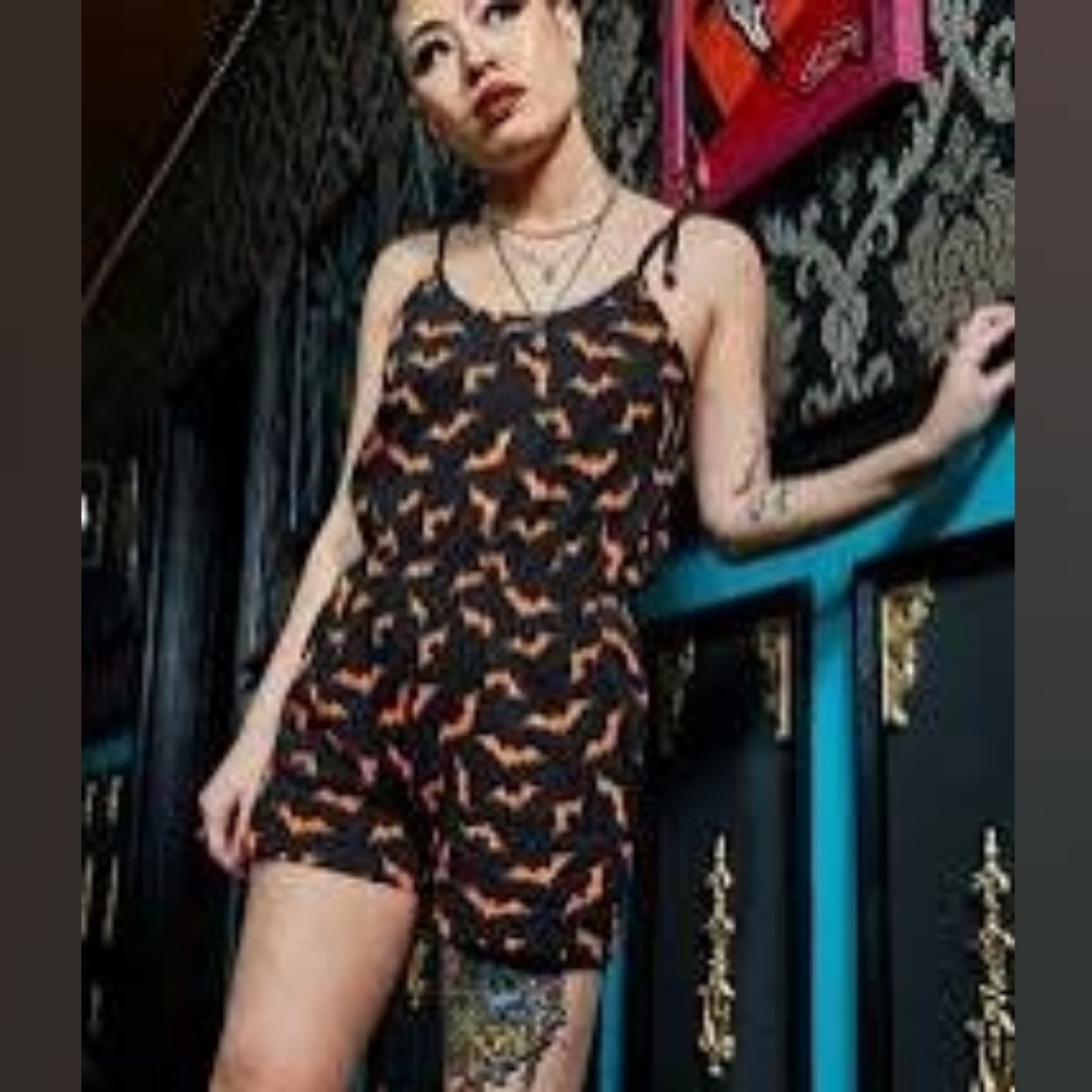 Sourpuss Black and Orange Bat Pattern Top